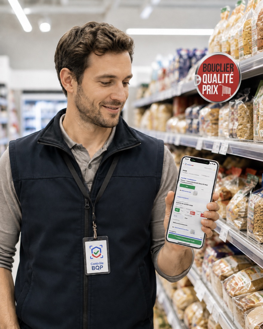 Agent Contrôle BQP relevant les prix en magasin, badge Bouclier Qualité Prix